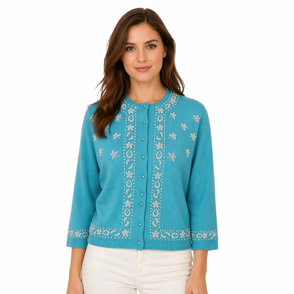 Vintage Turquoise Beaded Bee Flower Cardigan Sweater Size 8 Global Hong Kong